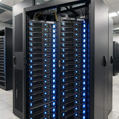 a server rack with blue status lights in a data centre