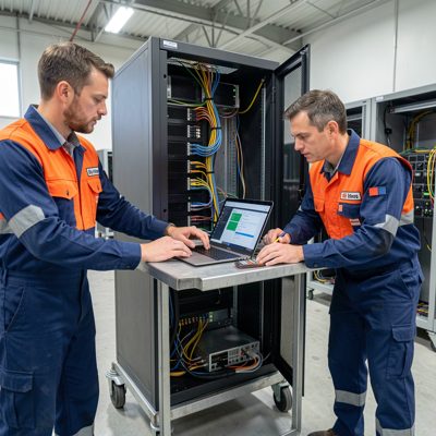 two engineers troubleshooting a server with a laptop on a cart