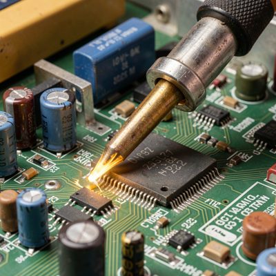 a soldering iron working on a circuit board close up