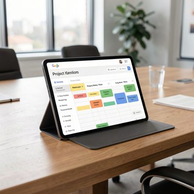 a tablet displaying a project timeline on a meeting table