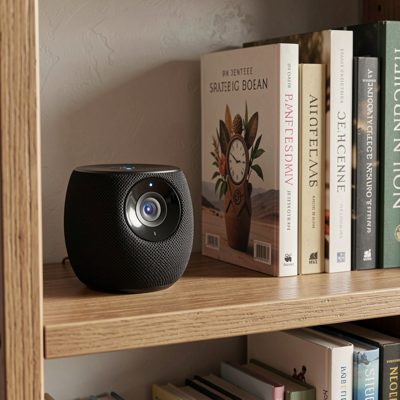 a smart speaker on a shelf beside books