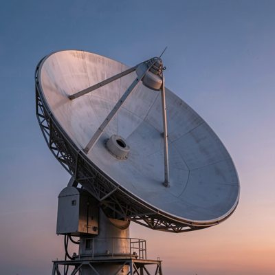 a satellite dish against a clear evening sky