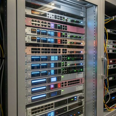a rack of blinking network equipment behind a glass door