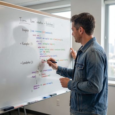 a pair of engineers reviewing code on a whiteboard