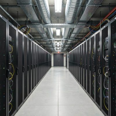 a data centre corridor with cooling ducts overhead