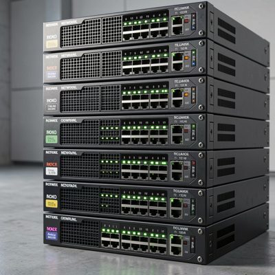 a stack of network switches with status lights