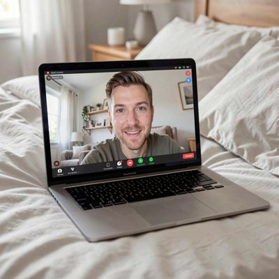 a laptop open on a bed showing a video call