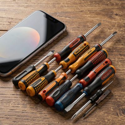 a screwdriver set laid out beside an opened phone
