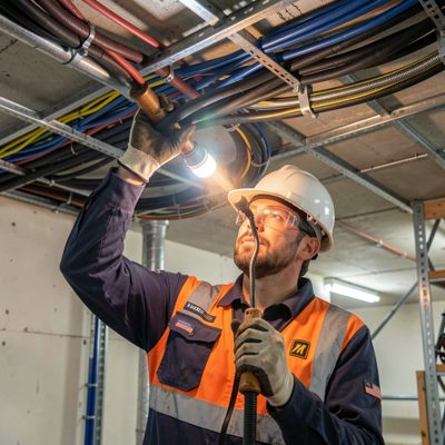 a technician with a torch inspecting cabling overhead