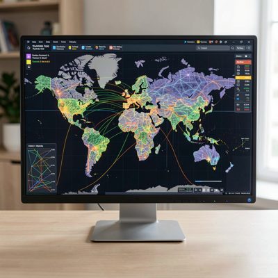 a monitor showing a map of global network traffic