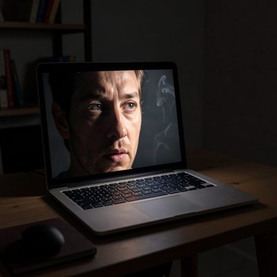 a laptop in a dim room with the screen lighting a face