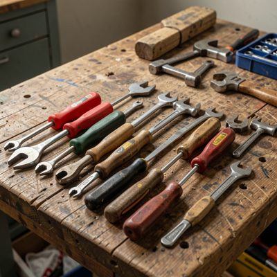 hand tools arranged neatly on a workbench