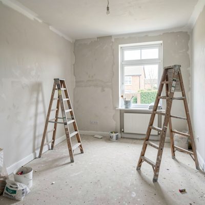 a partially renovated room with fresh plaster and ladders