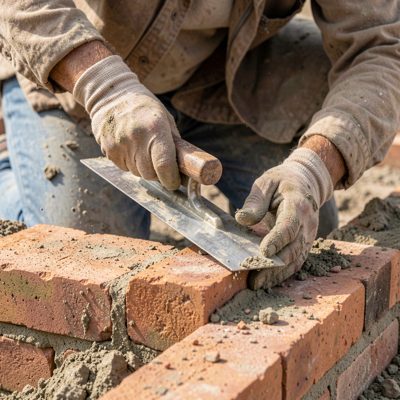a bricklayer laying a course with a trowel