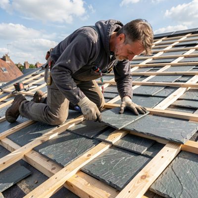 a roofer laying slate tiles on battens