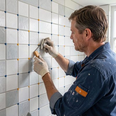 a tiler setting tiles with spacers on a bathroom wall
