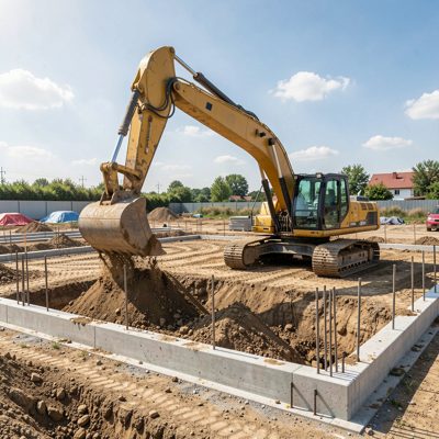 an excavator digging foundations on a site