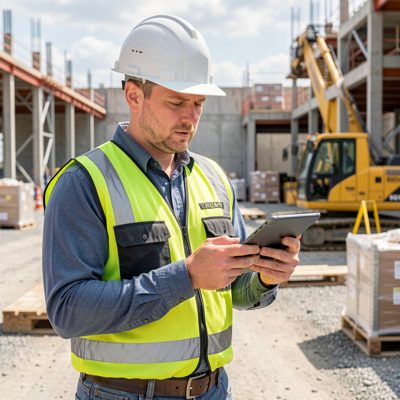 a site foreman with a tablet checking progress