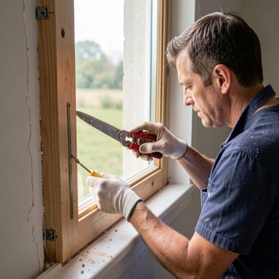 a painter cutting in around a window frame
