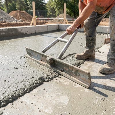 a concrete pour being levelled with a screed