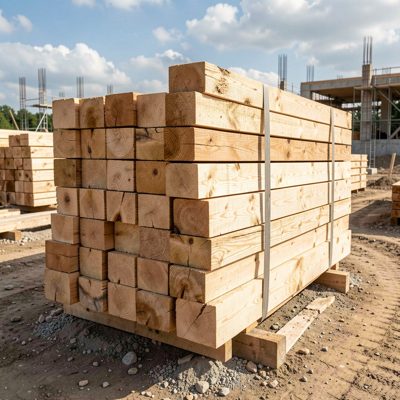 a stack of timber studs on a building site
