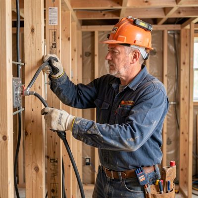 an electrician pulling cable through a stud wall