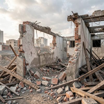 a demolition site with a partly removed wall