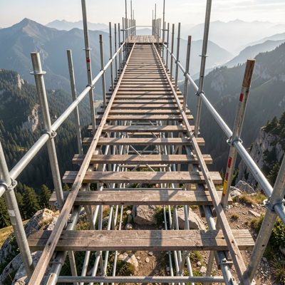 a scaffold plank walkway high above the ground