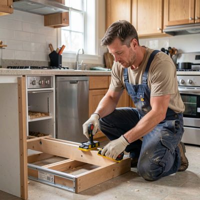 a kitchen fitter levelling a base unit