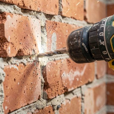 a drill bit boring into a masonry wall