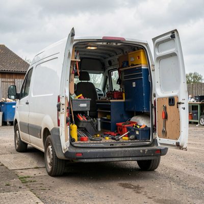 a tradesman's van with the doors open and tools inside