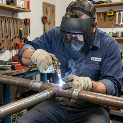 a plumber soldering a pipe joint with a blowtorch