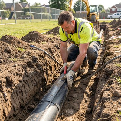 a groundworker laying drainage pipe in a trench