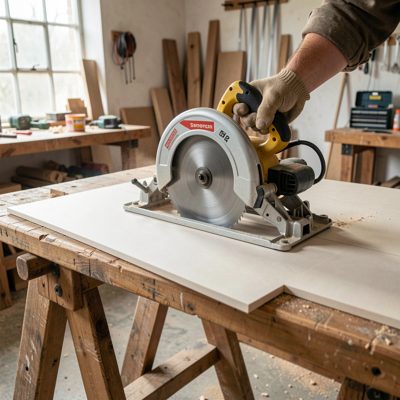 a circular saw cutting a sheet on trestles