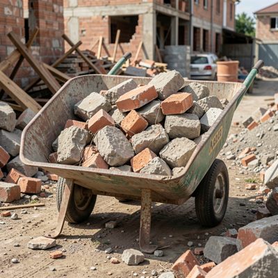 a skip half filled with building rubble