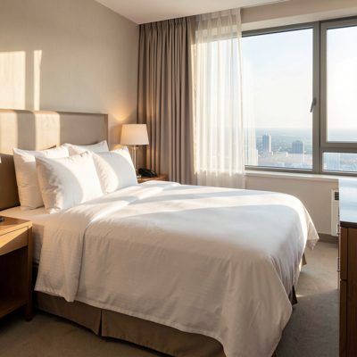 a hotel room with crisp white linen and morning light