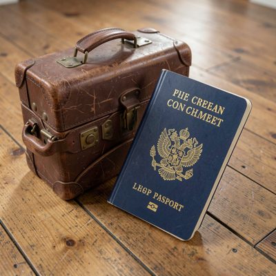 a suitcase and passport on a wooden floor