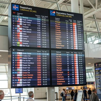 an airport departure board with flight listings