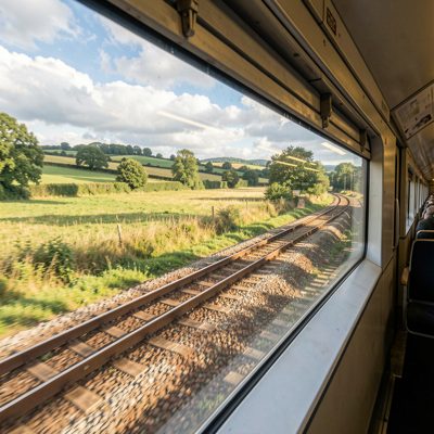 a train window view of passing countryside