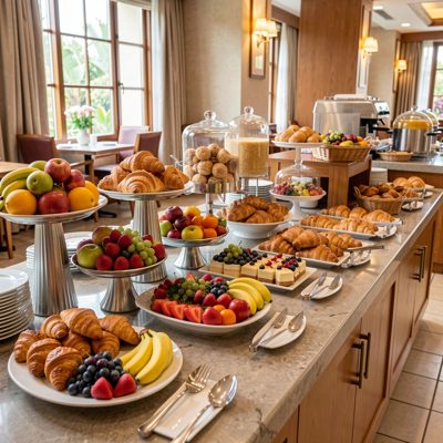 a hotel breakfast buffet with fruit and pastries