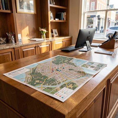 a concierge desk with a map spread out
