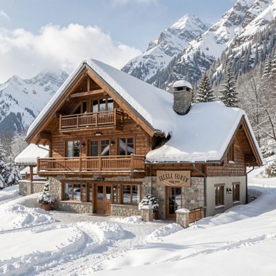 a mountain lodge with snow on the roof
