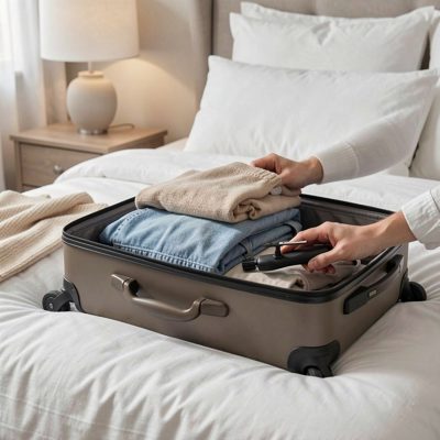 a suitcase being packed on a bed
