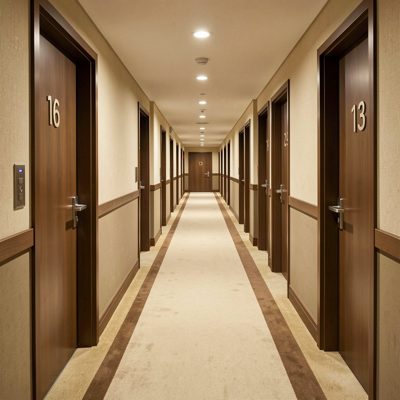 a hotel corridor with numbered doors