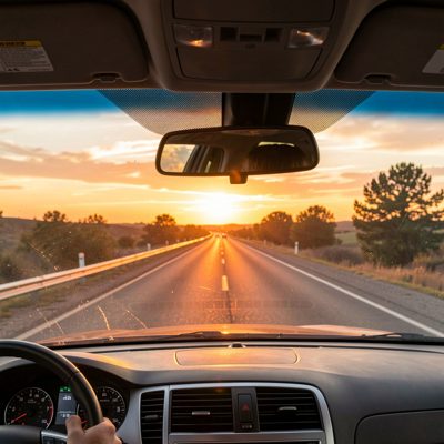 a road trip view through a windscreen at sunset