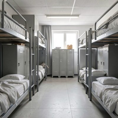 a hostel dormitory with bunk beds and lockers