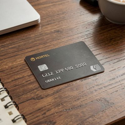 a hotel key card on a wooden desk