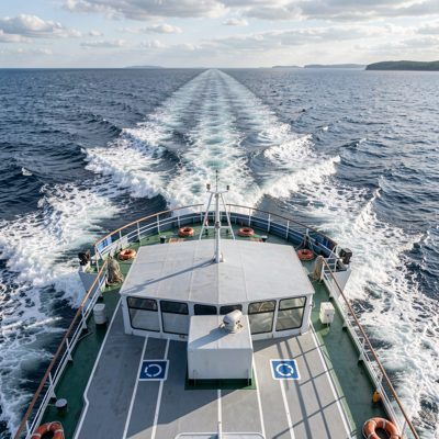 a ferry deck with the wake behind
