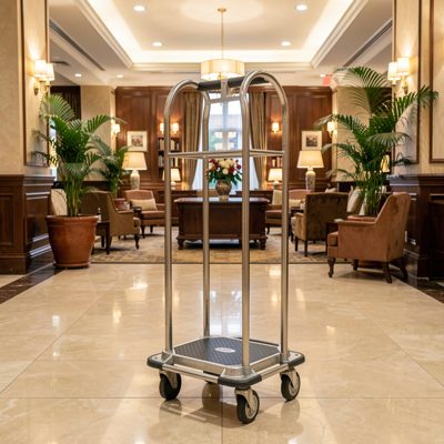 a luggage trolley in a hotel lobby