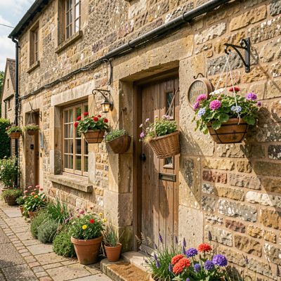 a country inn with hanging baskets by the door